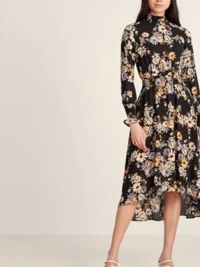 Nanette Lepore Black Floral High-Low Mock Neck Dress